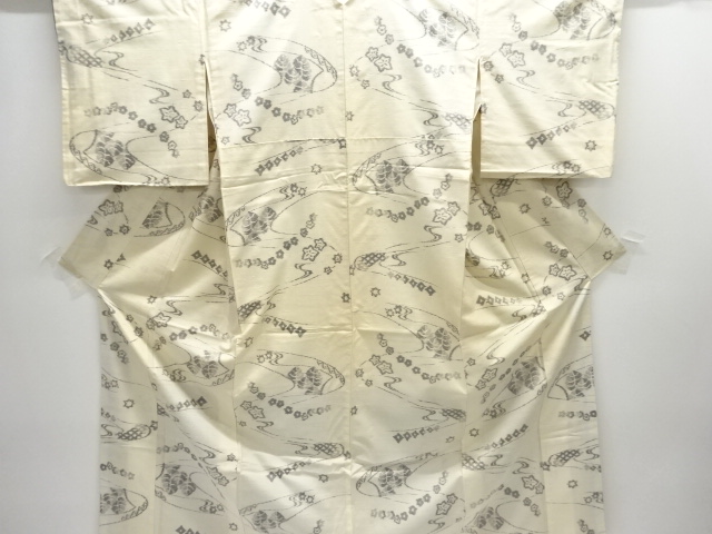 JAPANESE KIMONO / ANTIQUE KIMONO / SILK / TSUMUGI / WOVEN STREAM & FLORAL PLANTS